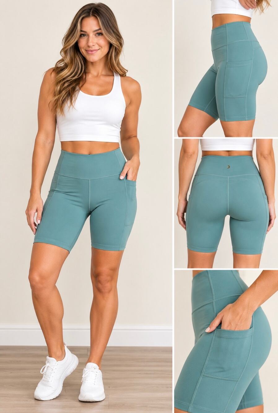 Jessica Simpson Active SlimSculpt Teal High Rise Biker Shorts Pockets M NWT